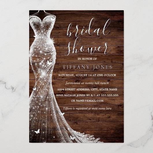 Zilveren vlinder jurk rustiek Vrijgezellenfeest Folie Uitnodiging (Voorkant)