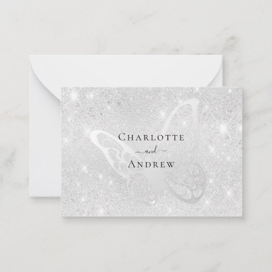 Zilveren vlinder schittert bruiloft RSVP Notitiekaartje (Achterkant)