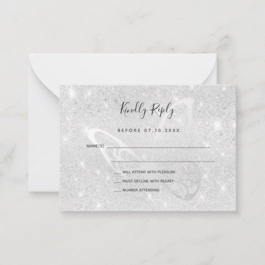 Zilveren vlinder schittert bruiloft RSVP Notitiekaartje (Voorkant)