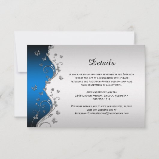  zilveren vlinders op blauwe gradiënt - Gegevens RSVP Kaartje (Voorkant)