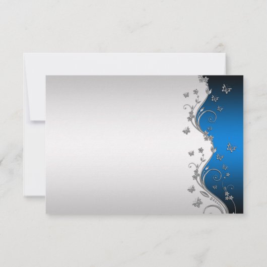  zilveren vlinders op blauwe gradiënt - Gegevens RSVP Kaartje (Achterkant)