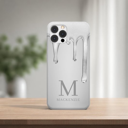 Zilveren vloeibare chroom druppelt metaal monogram iPhone hoesje