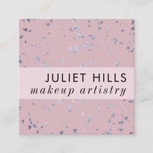 Zilveren Vlokjes en Blush Roze Vierkant Zakelijk V Vierkante Visitekaartje (Voorkant)