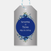 Zilveren voering bloeit: gepersonaliseerde blauwe  cadeaulabel (Achterkant)