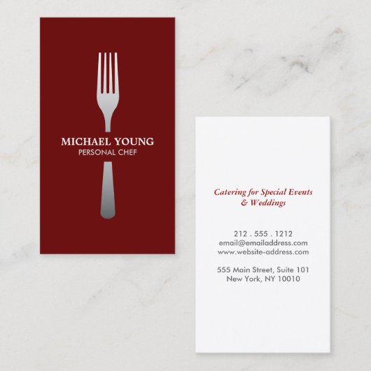 Zilveren vork op donkerrood visitekaartje (Voorkant / Achterkant)