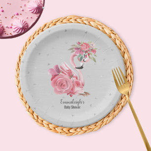 Zilveren Waterverf Ballerina Flamingo Baby shower Papieren Bordje