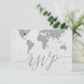 Zilveren Wereldkaart Aangepaste bestemming bruilof RSVP Kaartje (Staand voorkant)