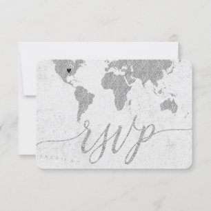 Zilveren Wereldkaart Aangepaste Bestemming Huwelij RSVP Kaartje
