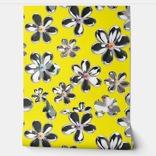 Zilveren wilde bloemen behang (Afrollen)