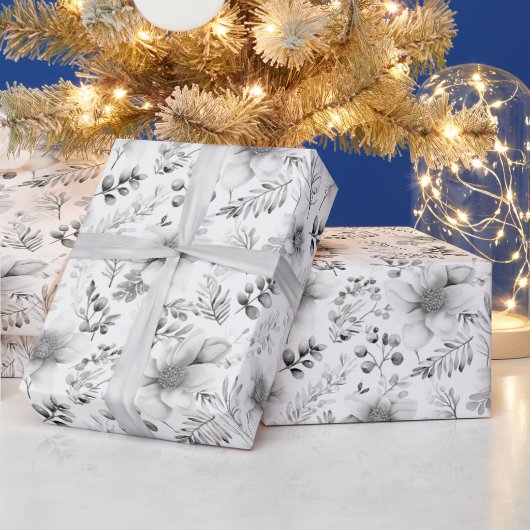 Zilveren Winter Bloemmotief Cadeaupapier (Feestdagen)
