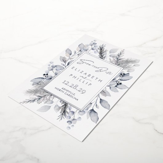 Zilveren Winter Botanische Vakantie Save The Date Folie Uitnodiging (Gedraaid)
