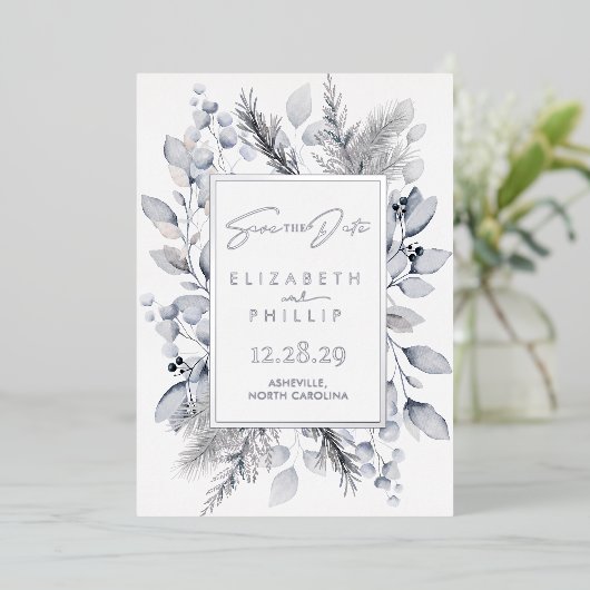 Zilveren Winter Botanische Vakantie Save The Date Folie Uitnodiging (Staand Voorkant)