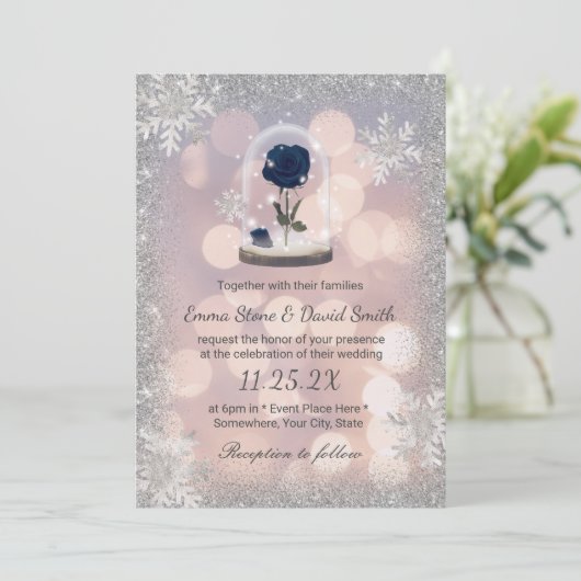 Zilveren Winter Bruiloft Blauw Roos Flower Dome Kaart (Staand voorkant)