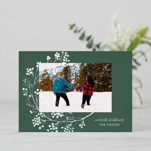 Zilveren Winter Natuurlijke Groene Vrolijke Kerstm Folie Feestdagenkaart (Staand Voorkant)
