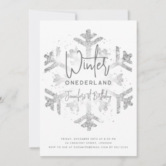 Zilveren Winter ONEDERLAND 1e Verjaardag FAUX Glit Kaart (Voorkant)