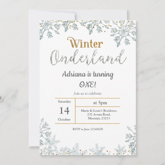 Zilveren Winter Onederland Verjaardag Uitnodiging (Voorkant)