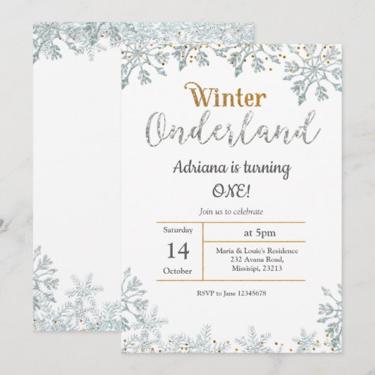 Zilveren Winter Onederland Verjaardag Uitnodiging (Voorkant / Achterkant)