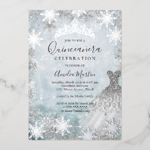 Zilveren Winter Sneeuwvlok Blauwe Quinceanera Folie Uitnodiging