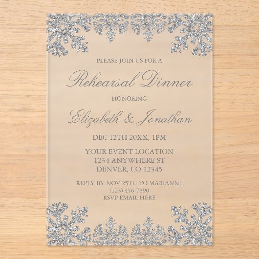 Zilveren Winter Sneeuwvlok repetitie diner Acryl Uitnodigingen (Voorkant)