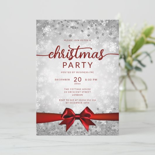 Zilveren Winter Sneeuwvlokken Bedrijf Red Ribbon Kaart (Staand voorkant)