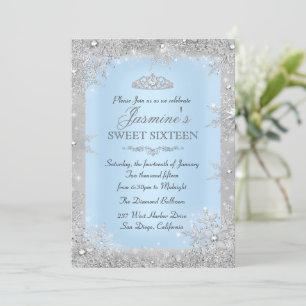 Zilveren Winter Wonderland Blauwe Sweet 16 Uitnodi Kaart
