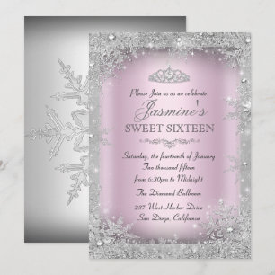 Zilveren Winter Wonderland Roze Sweet 16 Uitnodigi Kaart