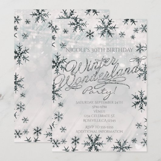 Zilveren Winter Wonderland Sneeuwvlokken Uitnodigi Kaart (Voorkant / Achterkant)