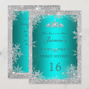 Zilveren Winter Wonderland turquoise sweet 16 uitn Kaart