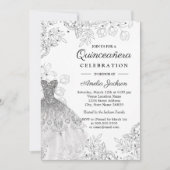 Zilveren Wit  Bloemen Jurk Quinceanera Kaart (Voorkant)