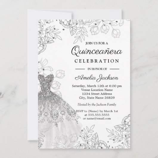 Zilveren Wit  Bloemen Jurk Quinceanera Kaart (Voorkant)