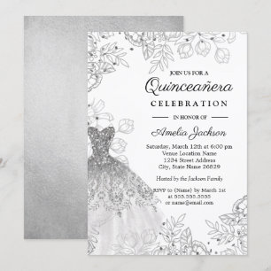 Zilveren Wit  Bloemen Jurk Quinceanera Kaart