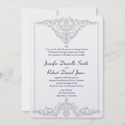 Zilveren Wit en Navy Damask Bruiloft Kaart (Voorkant)