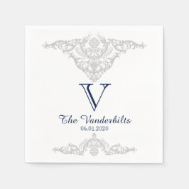 Zilveren Wit en Navy Damask Trouwservet Servet