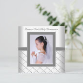 Zilveren Wit Foto Meisjes 1e Communie Kaart (Staand voorkant)