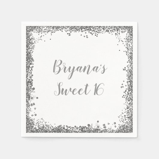 Zilveren Wit Glitter Glam Edge Sweet 16 Party Servetten (Voorkant)