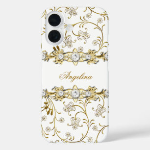 Zilveren Wit Goud Diamanten Juweel Bloemen iPhone 16 Hoesje