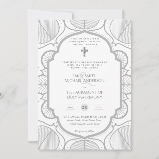 Zilveren Wit  Katholiek Nuptial Mass Bruiloft Kaart (Voorkant)