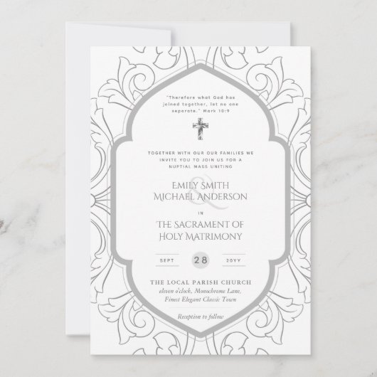 Zilveren Wit  Katholiek Nuptial Mass Bruiloft Kaart (Voorkant)