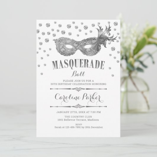 Zilveren Wit Masquerade Ball Verjaardagsfeest Kaart (Staand voorkant)