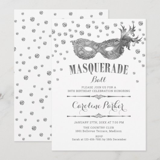 Zilveren Wit Masquerade Ball Verjaardagsfeest Kaart (Voorkant / Achterkant)