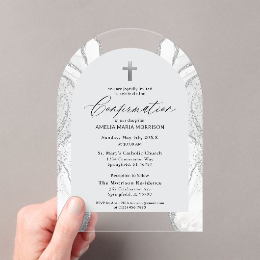 Zilveren Witte Agaat Bevestiging Modern Elegant Acryl Uitnodigingen (Insitu (Draagbaar))