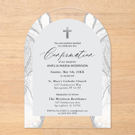 Zilveren Witte Agaat Bevestiging Modern Elegant Acryl Uitnodigingen (Voorkant)