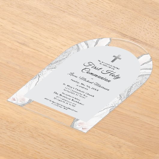 Zilveren Witte Agaat Eerste Heilige Communie Jonge Acryl Uitnodigingen (Laagn)
