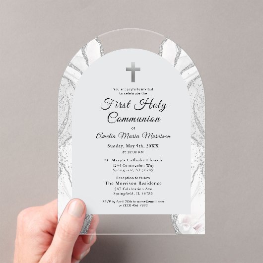 Zilveren Witte Agaat Eerste Heilige Communie Meisj Acryl Uitnodigingen (Insitu (Draagbaar))
