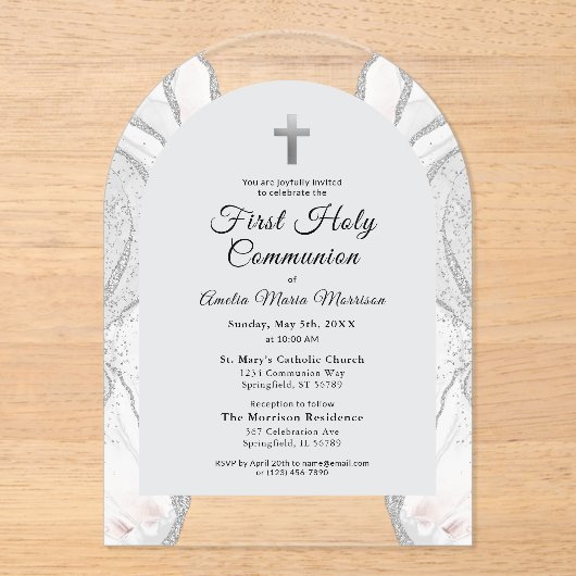 Zilveren Witte Agaat Eerste Heilige Communie Meisj Acryl Uitnodigingen (Voorkant)