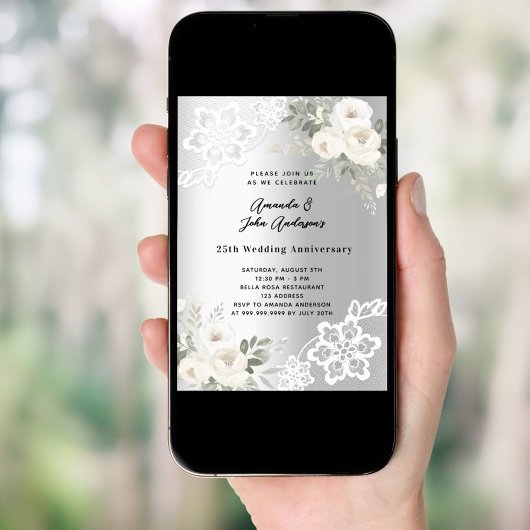 Zilveren witte bloemen 25e trouwdag kaart