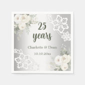 Zilveren witte bloemen 25e trouwdag servet (Voorkant)