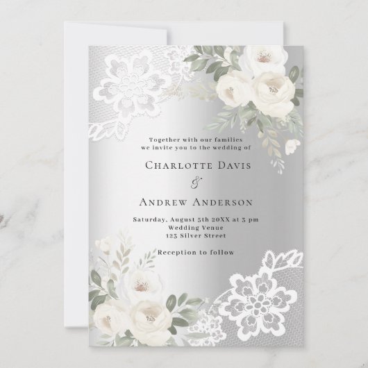 Zilveren witte bloemen bruiloft kaart (Voorkant)