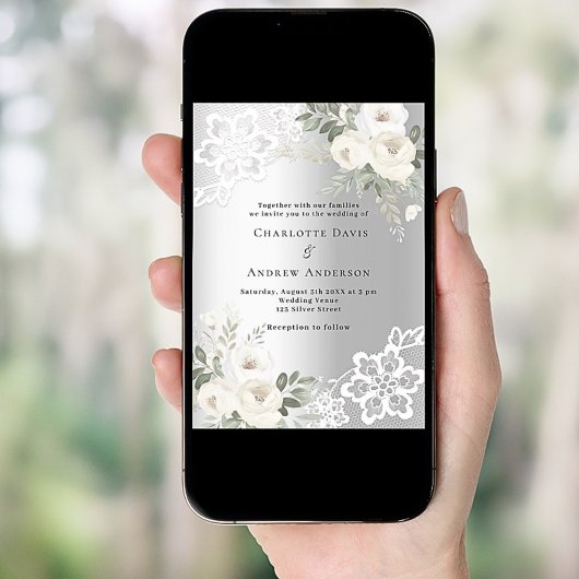 Zilveren witte bloemen bruiloft kaart