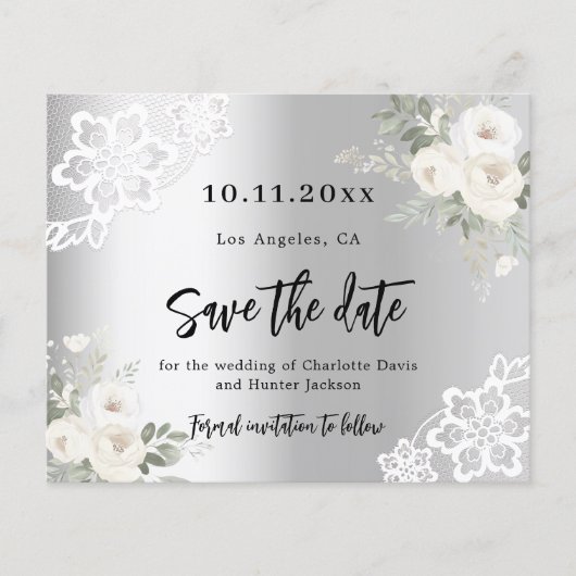 Zilveren witte bloemen bruiloft Save the Date kaar (Voorkant)